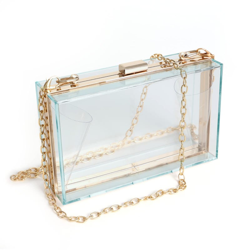 WJCD Women Clear Purse Acrylic Box Clutch Handbag, Small Transparent Crossbody Evening Bag Stadium Approved Gold Chain Strap (light blue) - Image 1